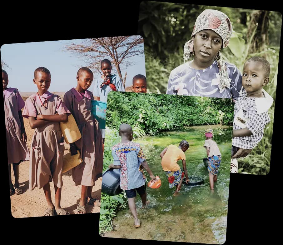 Schoolgirls carrying water, a woman holding a baby, and people collecting water from a stream